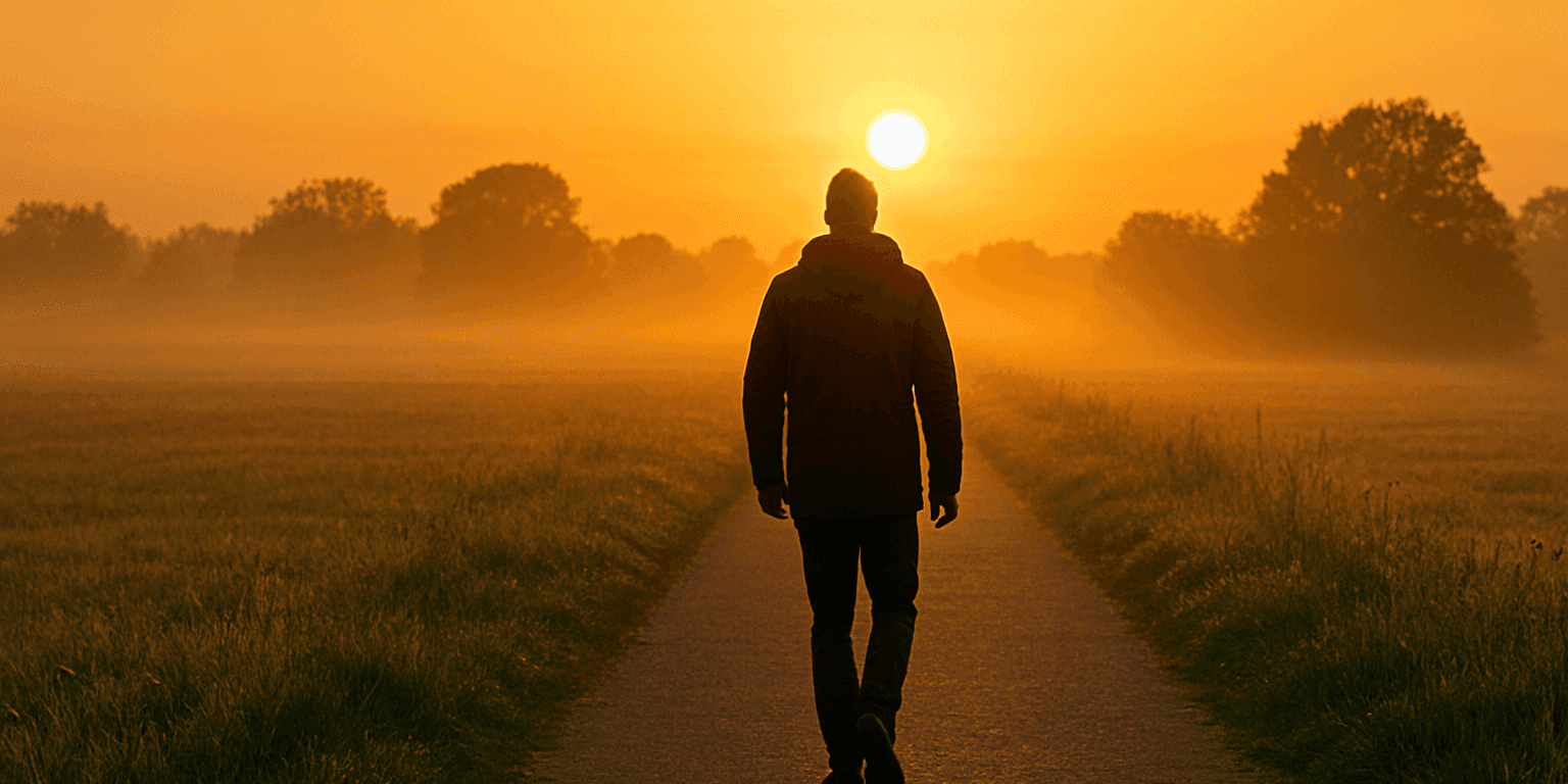 Person auf einem Weg mit aufgehender Sonne – Symbol für gelebten Glauben