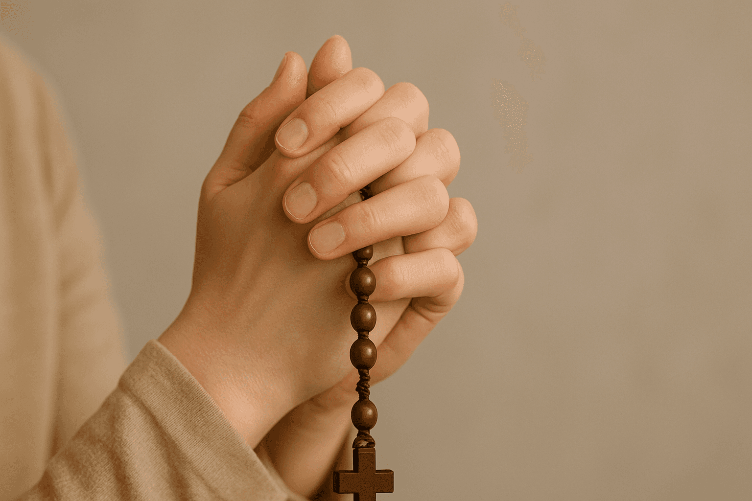 Prayerful hands gently holding rosary beads in contemplation