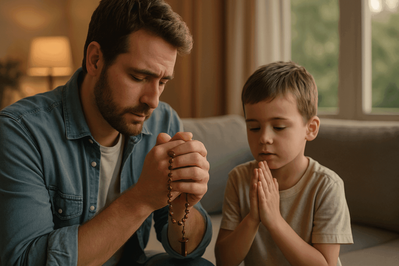 Christian father teaching child to pray with rosary in peaceful setting