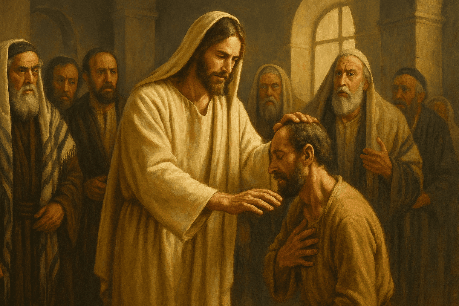 Jesús curando a un enfermo en una sinagoga mientras los líderes religiosos sorprendidos observan