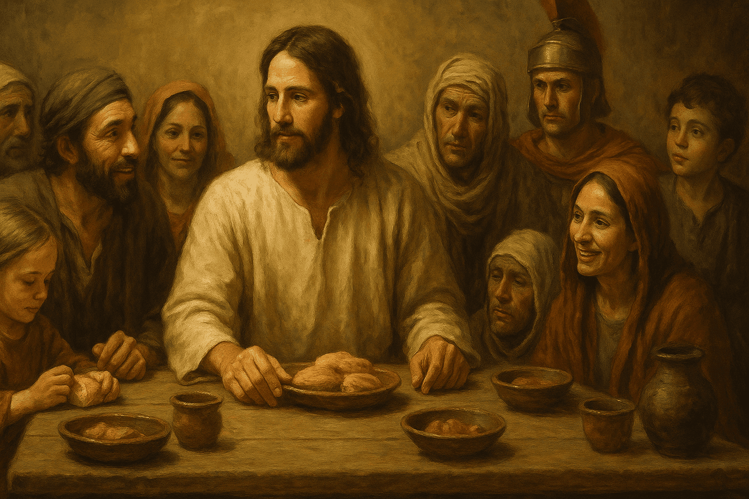Jesús comiendo en una mesa con un grupo diverso de personas: pecadores, mujeres, niños, marginados