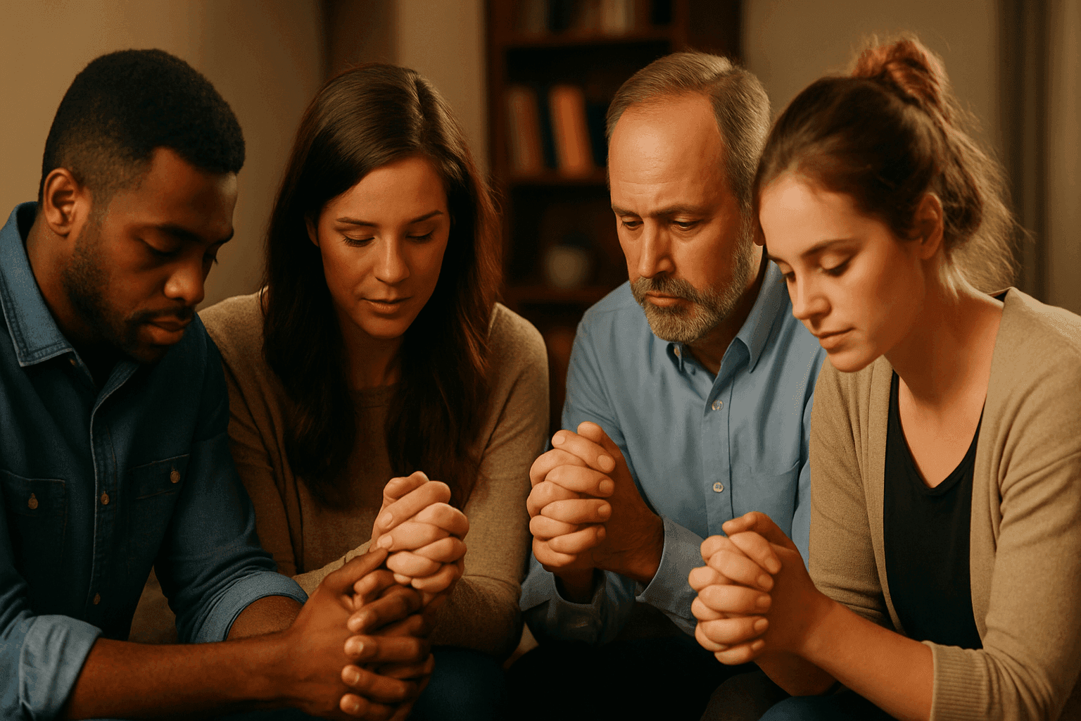 Creyentes en oración que simbolizan la unidad y el discipulado