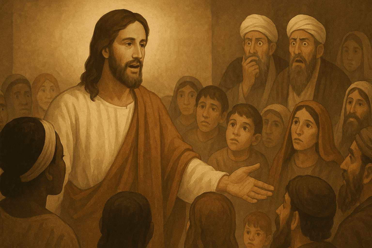 Jesús hablando a una multitud con escribas atónitos en el fondo, lo que indica asombro por su autoridad