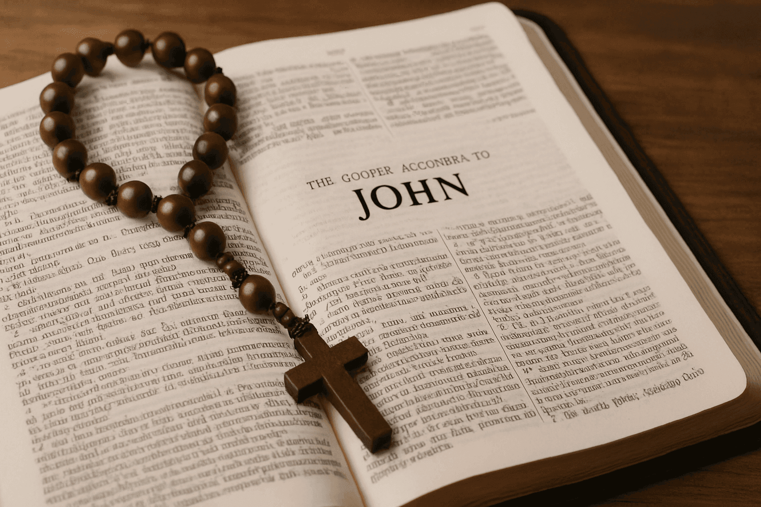 Wooden rosary beads resting atop an open Bible