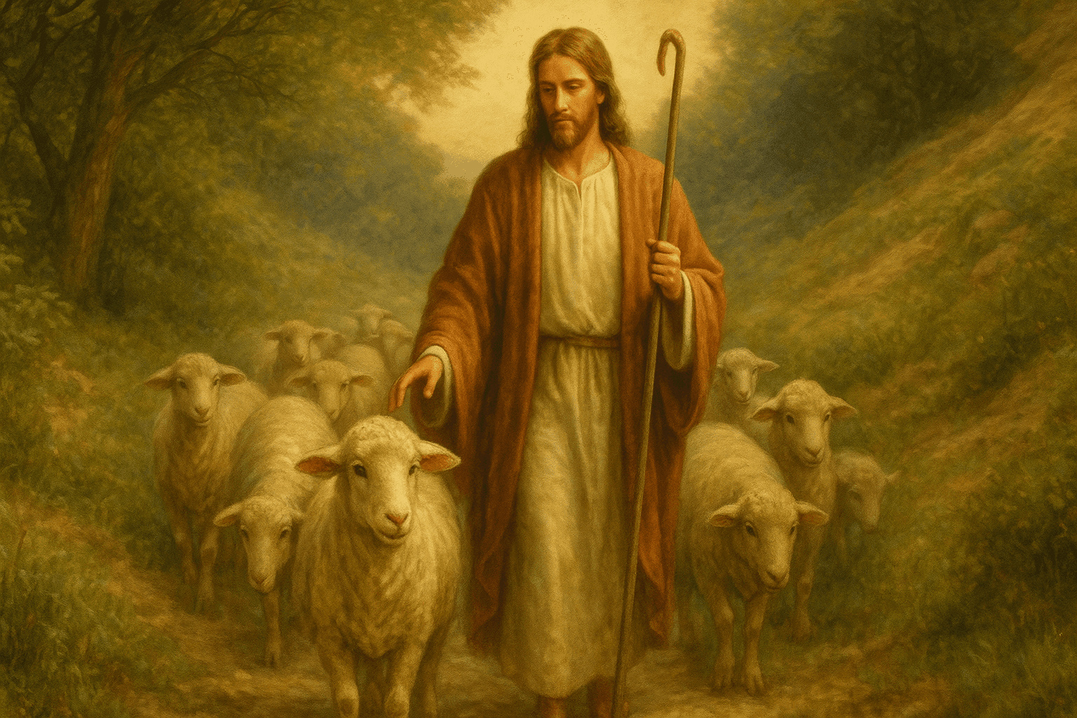 Jesus, der gute Hirte, der seine Herde mit Liebe und Sorgfalt führt