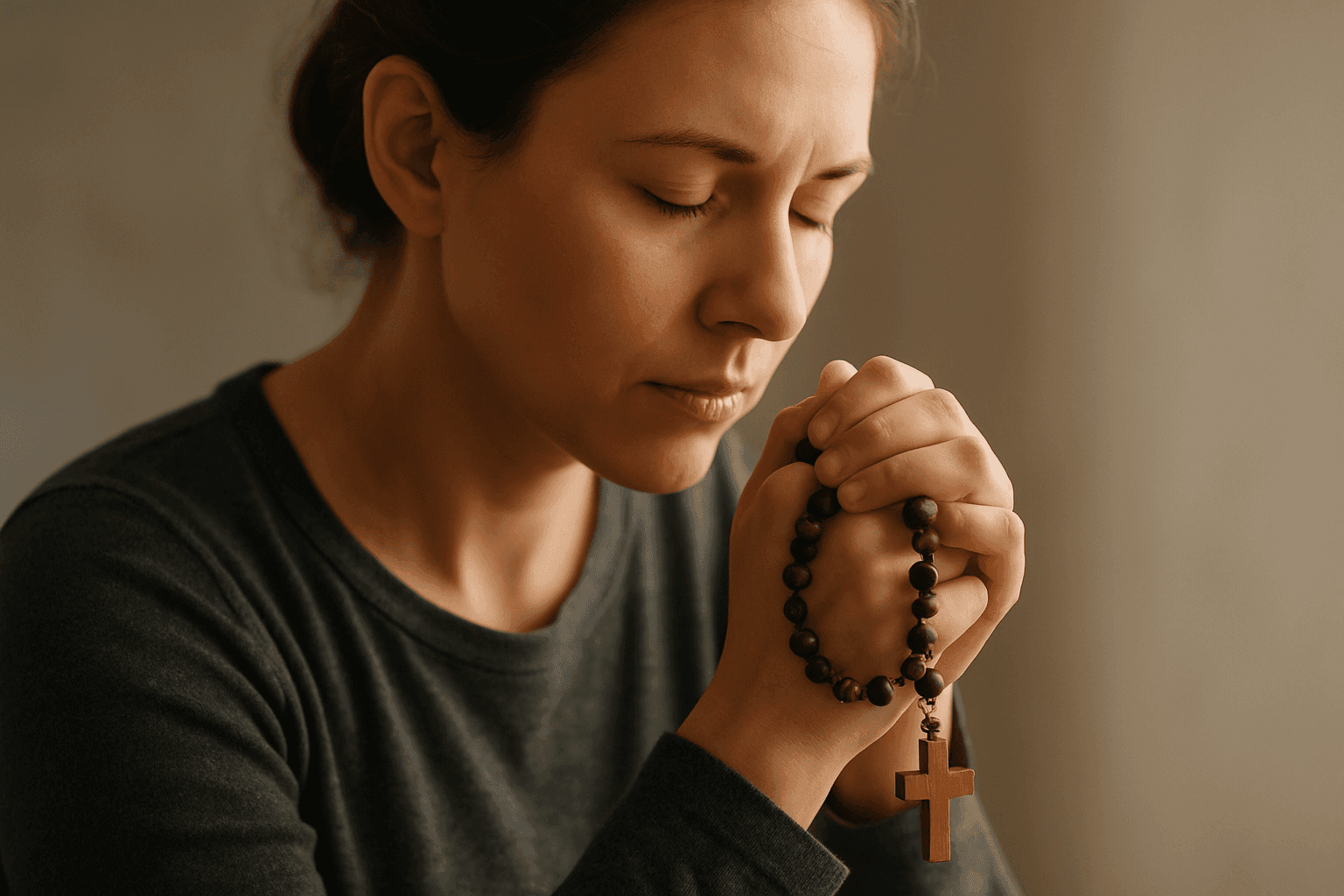 Christian woman meditating in prayer with rosary beads in hand