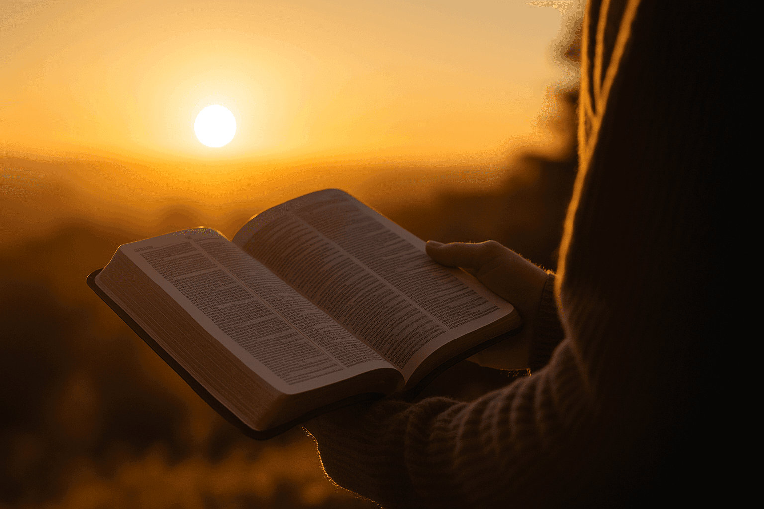 Christian studying the Bible at sunrise with light illuminating the pages, representing spiritual understanding and faith.