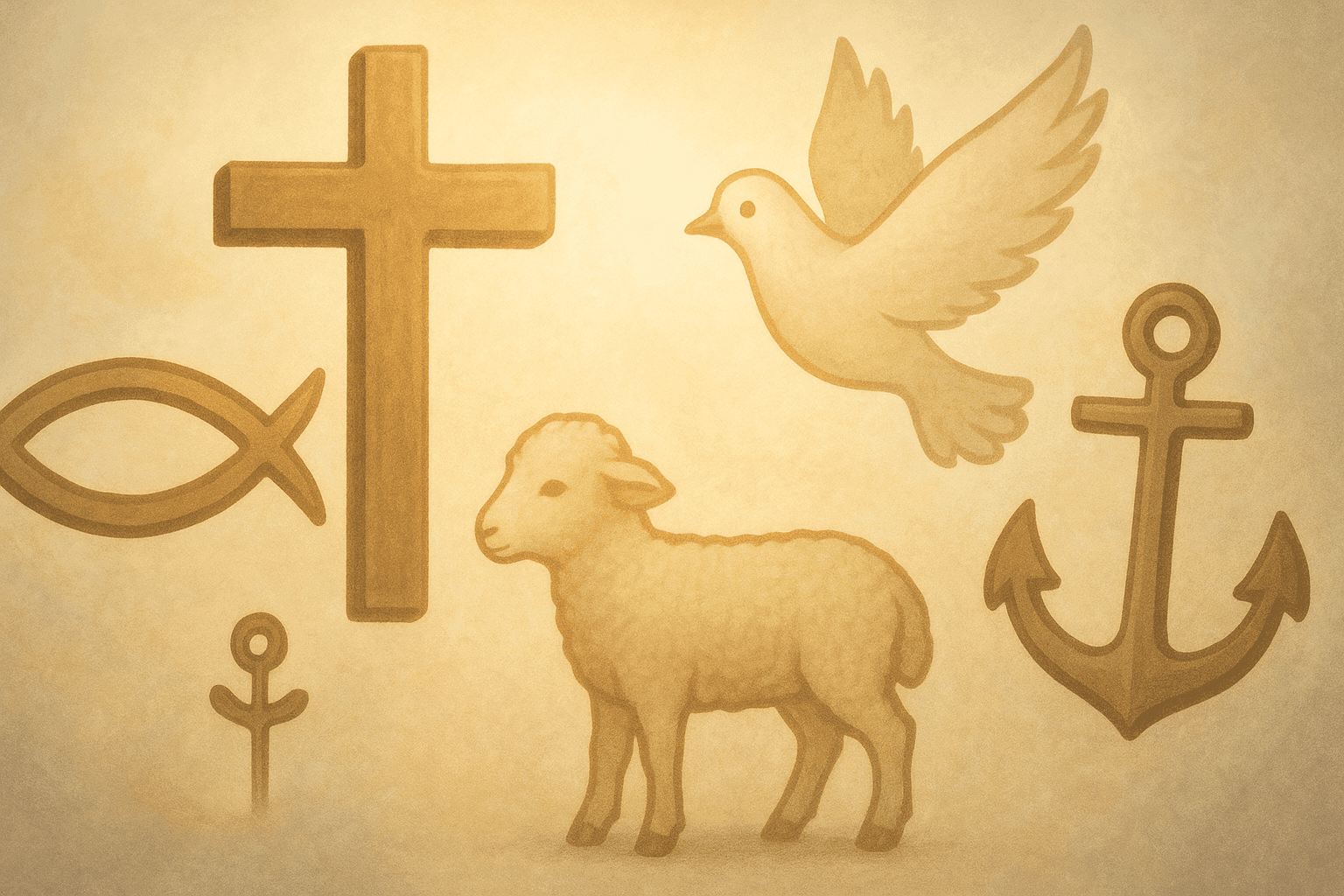 Eine Collage der wichtigsten christlichen Symbole, darunter Kreuz, Fisch, Taube, Lamm und Anker, die mit sanftem Licht angeordnet sind