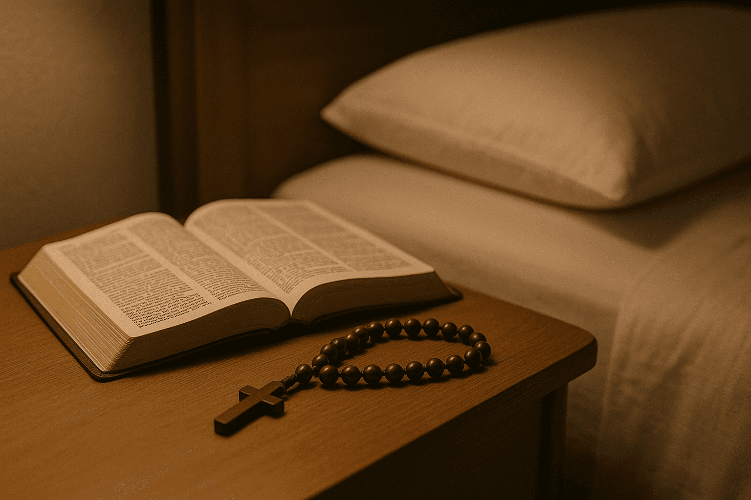Rosary and Bible on bedside table for daily Christian praye