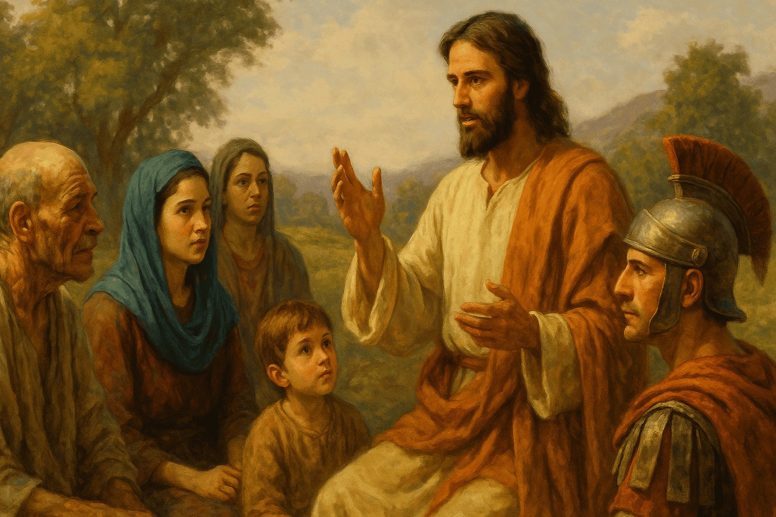 Un grupo diverso de personas (leproso, mujer, romano, niño) escuchando a Jesús hablar