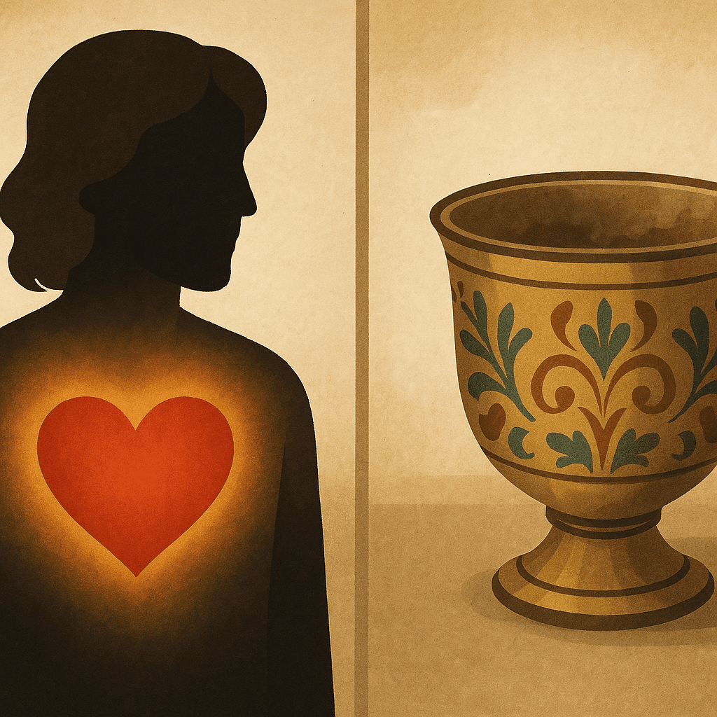 Un corazón que brilla desde dentro de una persona, en contraste con una copa bellamente decorada que está sucia por dentro