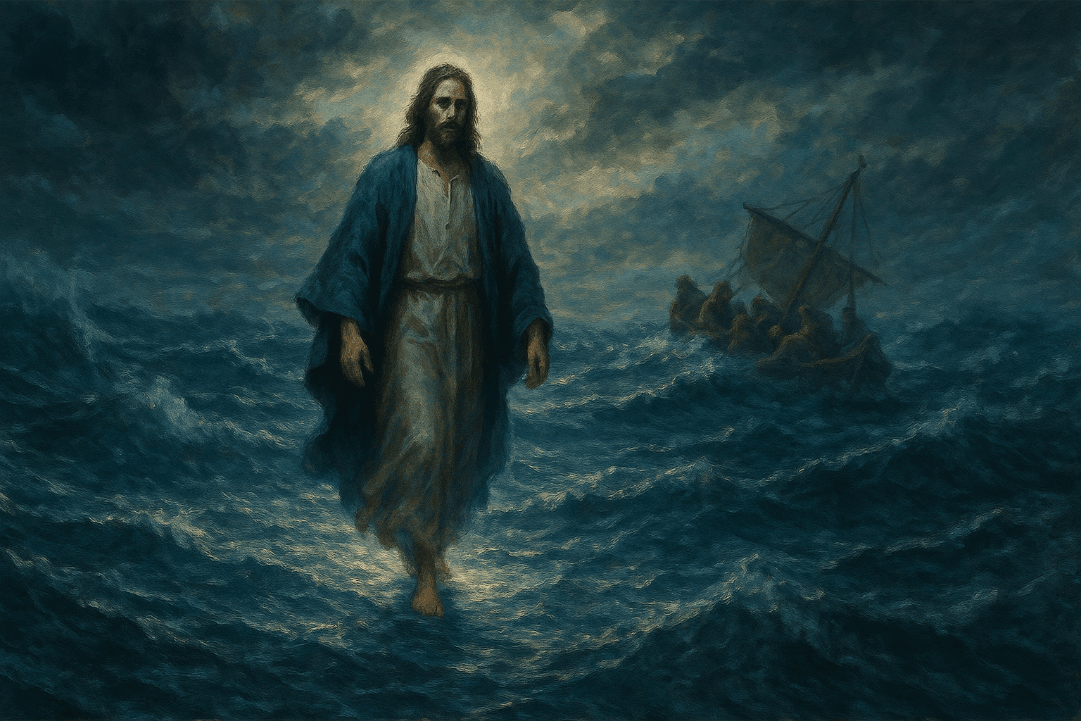 Jesús camina hacia Sus discípulos a través del mar tormentoso
