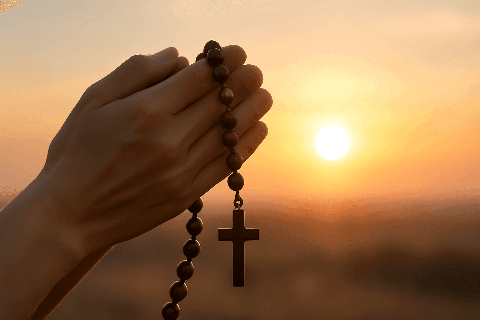 Peaceful Christian morning prayer with rosary beads held in hands at sunrise