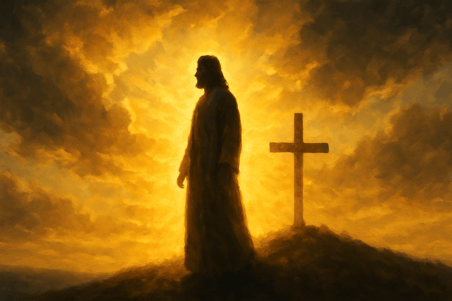 Jesús de pie en una colina con un amanecer brillante detrás de una cruz que simboliza la vida eterna y el despertar espiritual